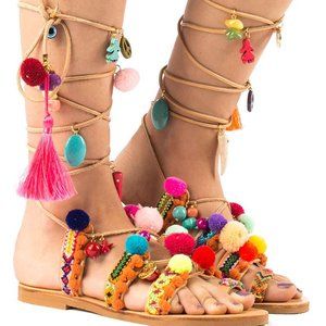ELINA LINARDAKI Leather Tassel Gladiator Sandals